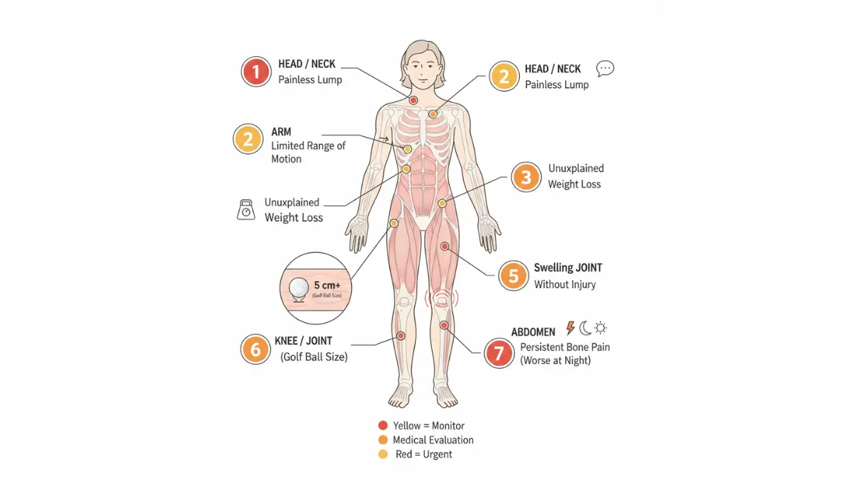 Sarcoma Cancer symptoms body map showing painless lumps, bone pain, swelling, limited movement, abdominal fullness, and unexplained weight loss