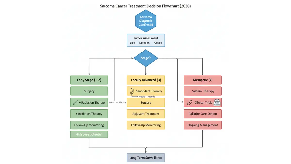 Sarcoma Cancer treatment decision flowchart showing diagnosis, staging, surgery, radiation, chemotherapy, clinical trials, and long-term surveillance