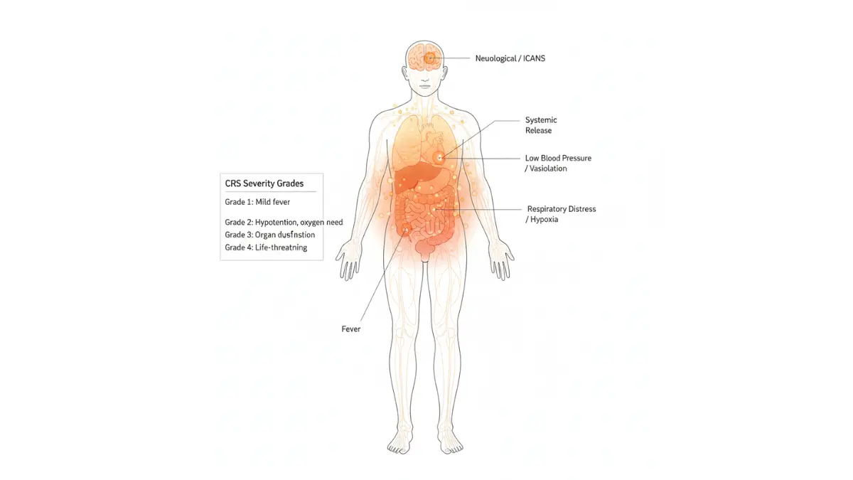 SCLC treatment side effects diagram showing cytokine release syndrome body system impact