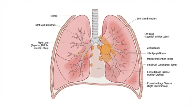 SCLC lung anatomy diagram showing small cell lung cancer tumor location in bronchial region