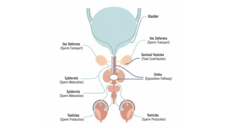 Medical diagram showing male reproductive anatomy and semen production pathway from testicles through ejaculation for Semen Report