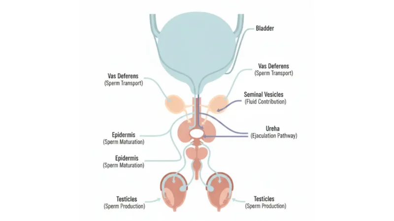 Medical diagram showing male reproductive anatomy and semen production pathway from testicles through ejaculation for Semen Report