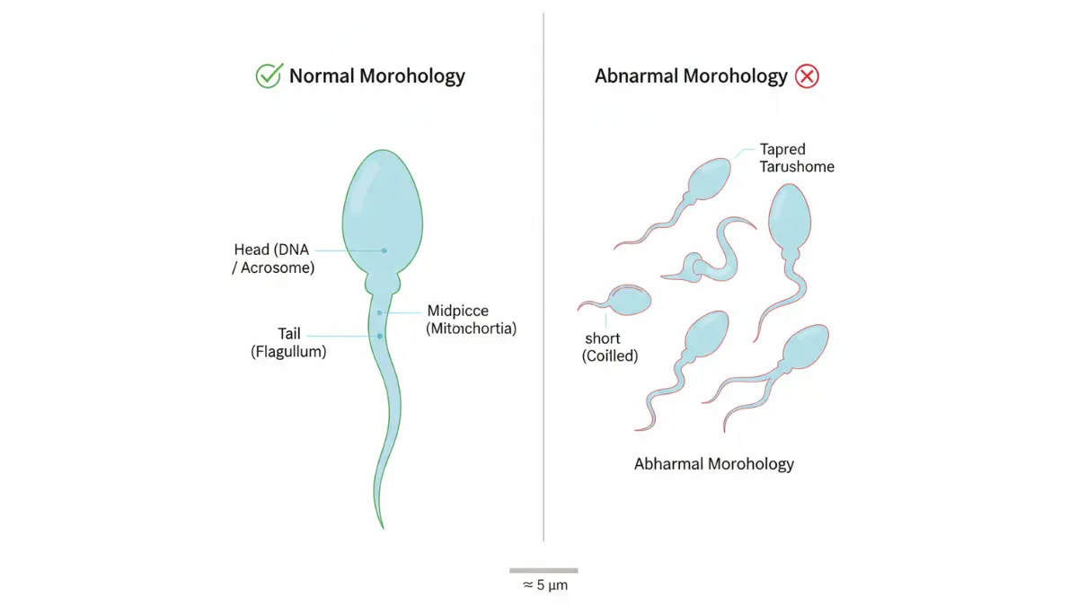 Medical diagram comparing normal sperm cell anatomy to common abnormal morphology variations under Kruger strict criteria for Semen Report