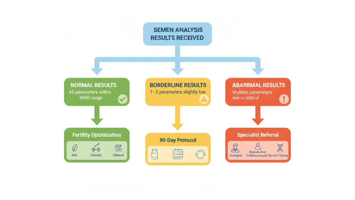 Decision tree flowchart showing recommended next steps based on semen analysis results categories normal borderline or abnormal for Semen Report