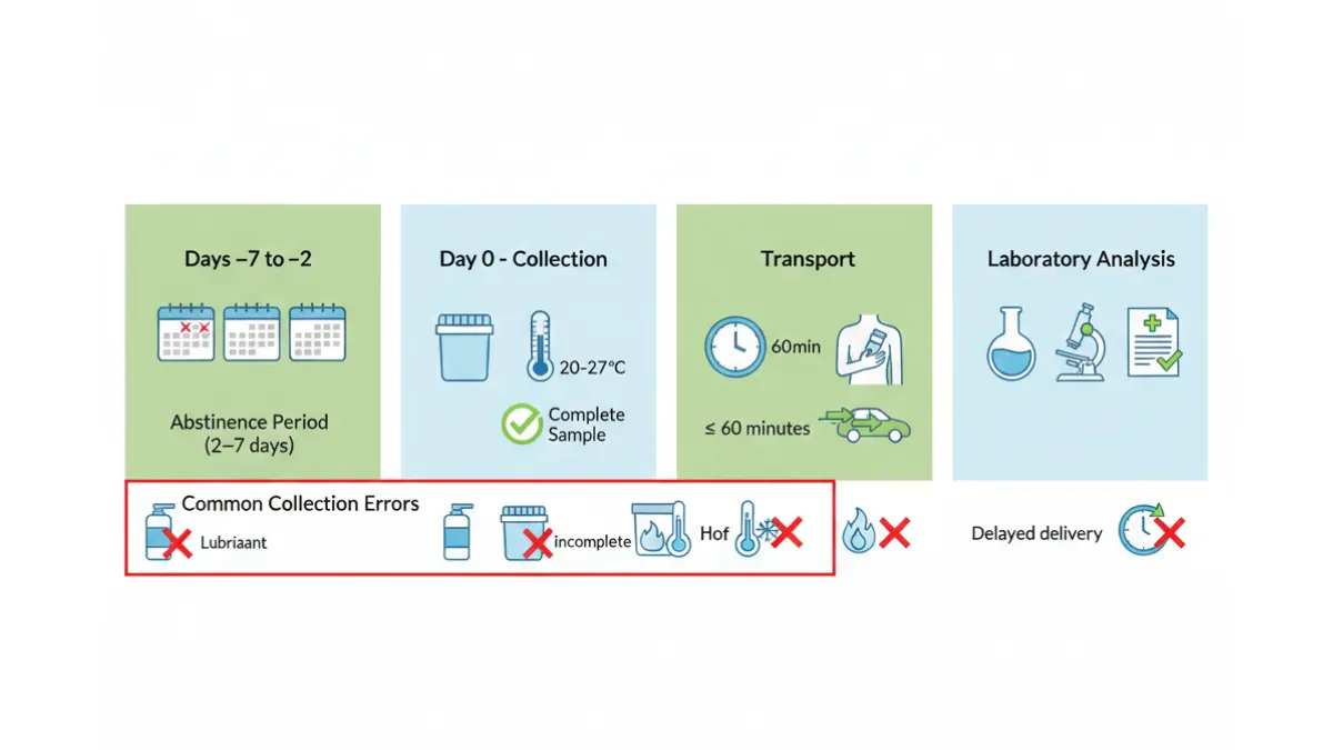 Timeline infographic showing proper semen sample collection protocol including abstinence period temperature handling and laboratory delivery requirements for Semen Report