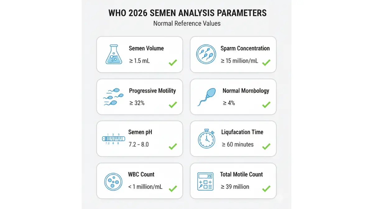 Infographic showing 8 key semen analysis parameters with WHO 2026 normal reference ranges for Semen Report