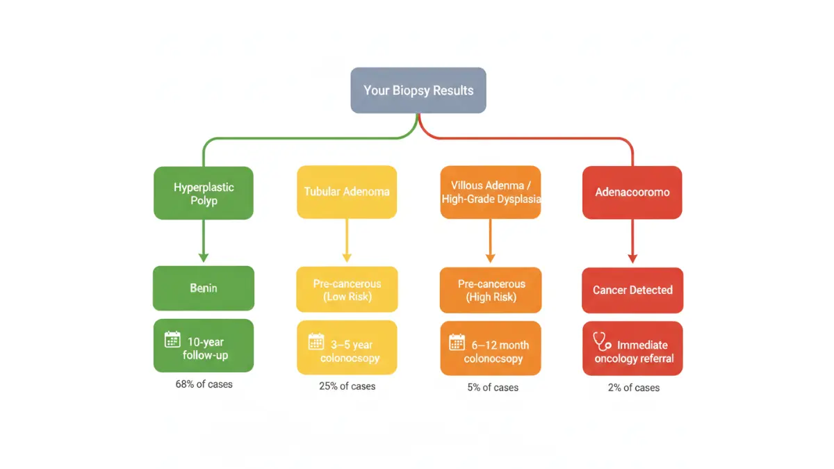 Sigmoidoscopy Results biopsy decision tree showing hyperplastic polyps, adenomas, high-grade dysplasia, and adenocarcinoma pathways