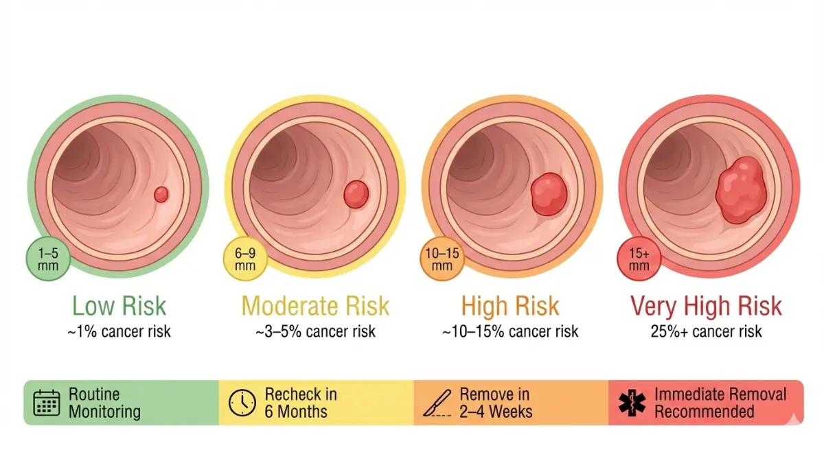 Sigmoidoscopy Results chart showing polyp sizes from 1mm to 15mm with cancer risk levels and visual size comparison