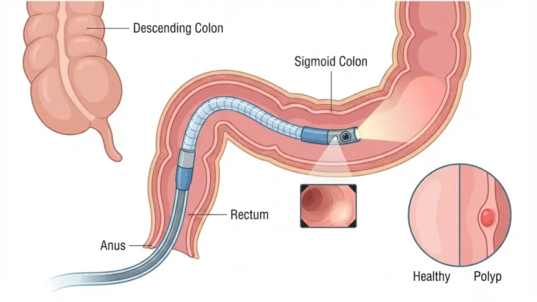 Sigmoidoscopy Results diagram showing flexible sigmoidoscope examining sigmoid colon, rectum, and descending colon