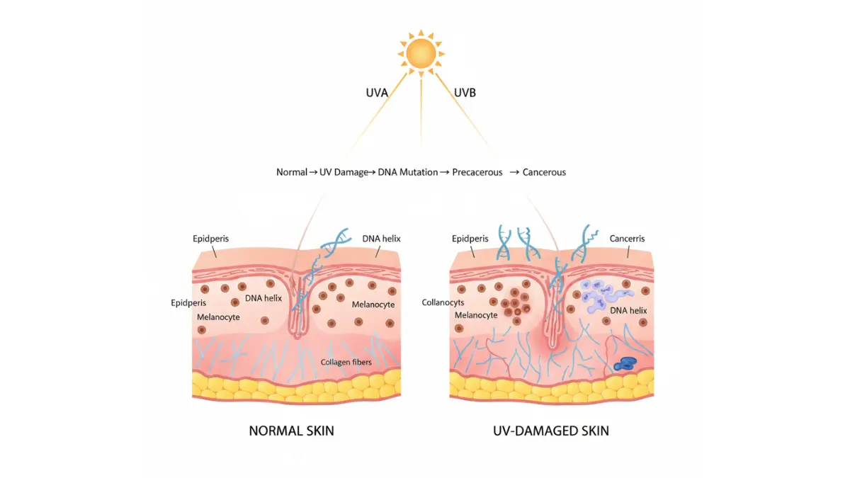 Medical diagram illustrating how UV radiation triggers Skin Cancer Signs by causing DNA mutations, melanocyte abnormalities, and cellular damage.