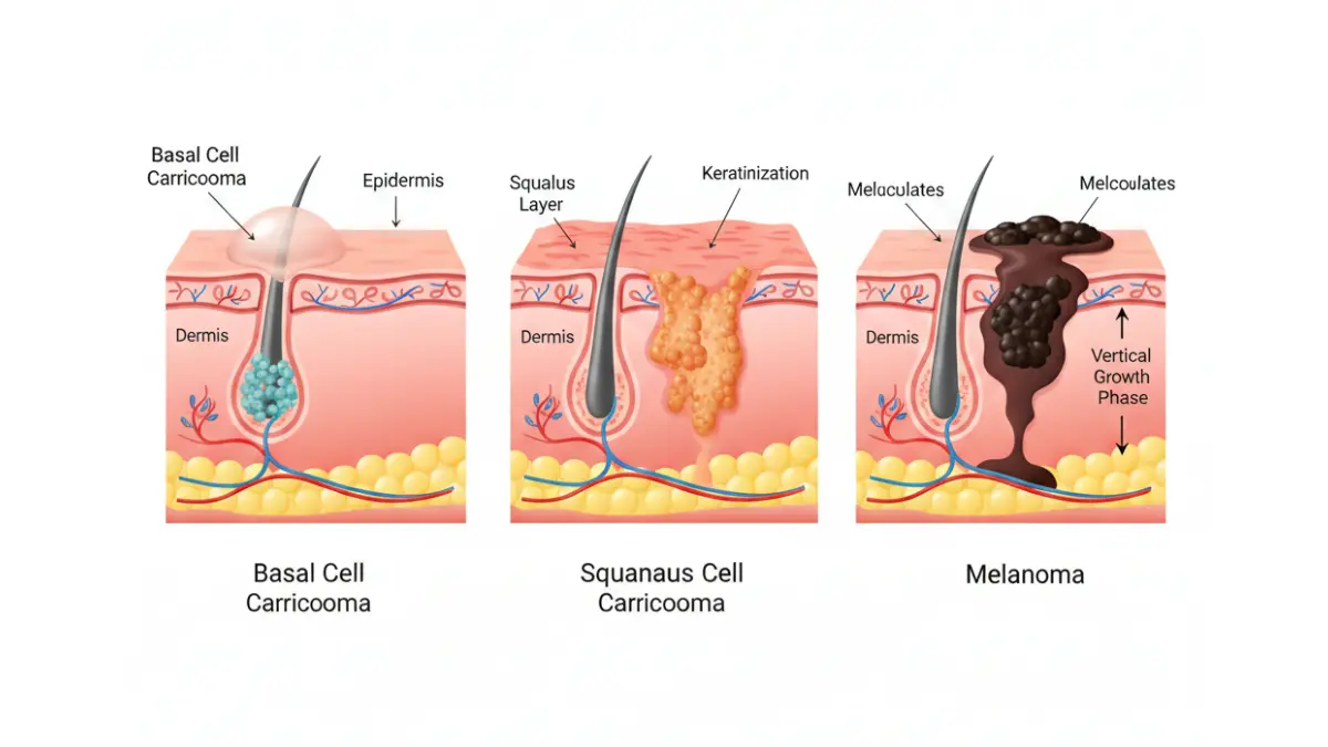 Side-by-side medical comparison showing Skin Cancer Signs of basal cell carcinoma, squamous cell carcinoma, and melanoma in skin cross-sections.