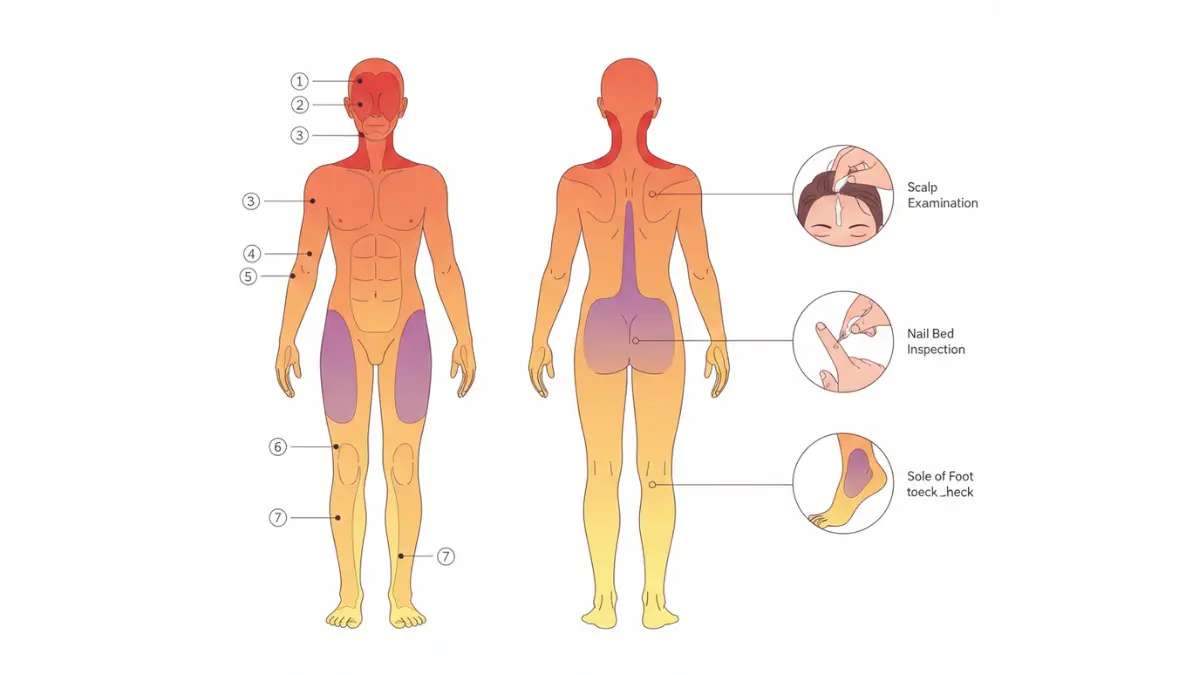 Full body diagram showing Skin Cancer Signs risk zones with color-coded areas and step-by-step self-examination guide.