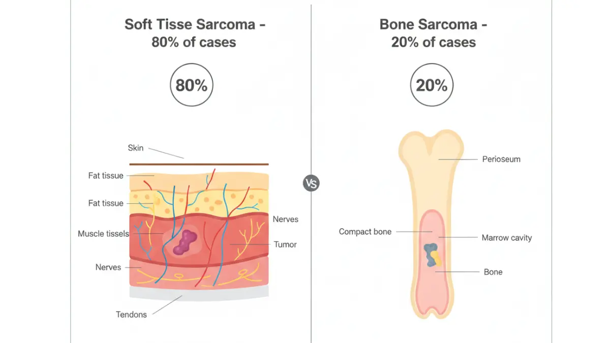 Sarcoma Cancer tissue comparison diagram showing soft tissue sarcoma in muscle and fat at 80 percent versus bone sarcoma in skeletal tissue at 20 percent