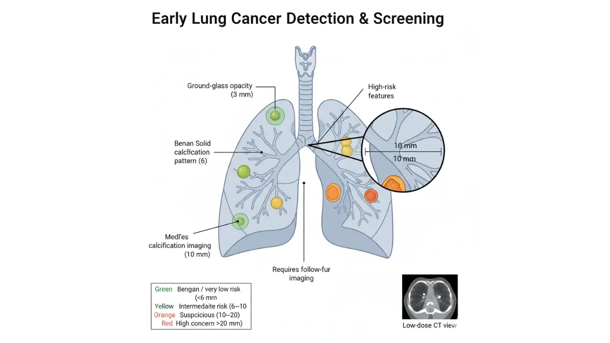 Stage 1 Lung Cancer lung nodule size classification diagram showing benign and suspicious nodules detected on CT scan