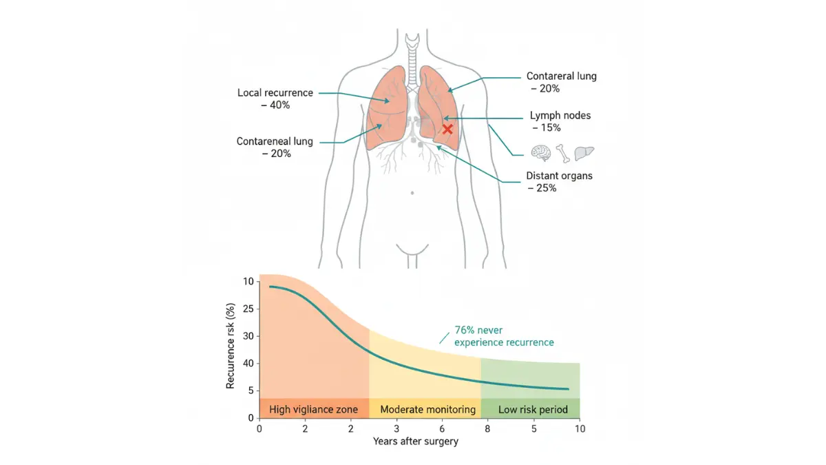 Stage 1 Lung Cancer recurrence diagram showing common recurrence locations and timeline of recurrence risk after surgery