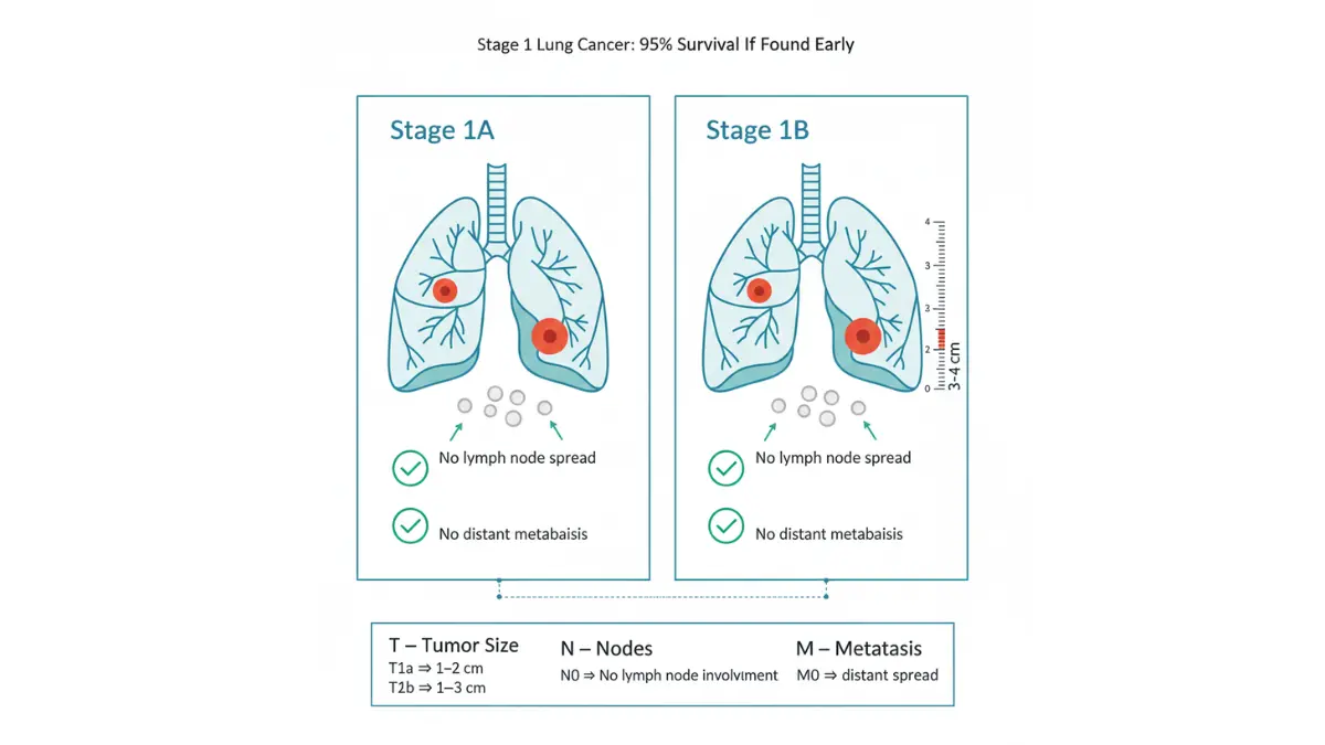 Stage 1 Lung Cancer TNM staging diagram comparing stage 1A and 1B with tumor size differences and no lymph node involvement