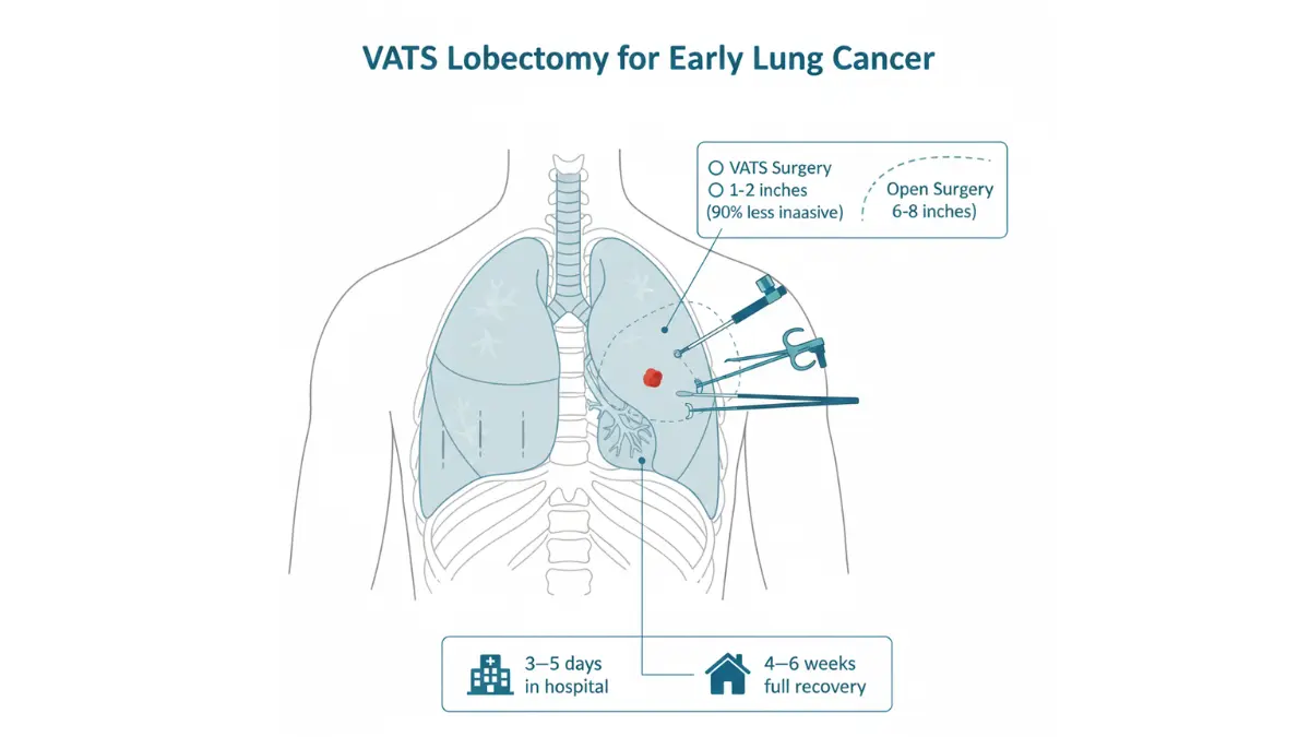 Stage 1 Lung Cancer VATS lobectomy surgical diagram showing minimally invasive lung tumor removal compared to open surgery