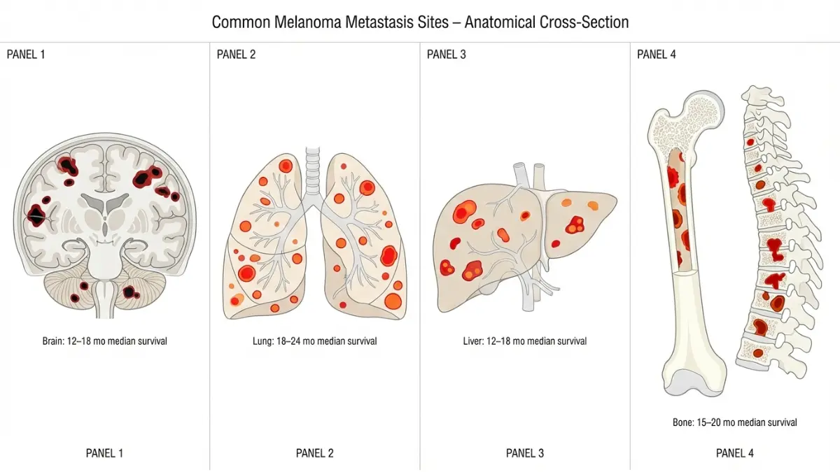 Stage 4 Melanoma metastasis sites showing brain lung liver and bone involvement