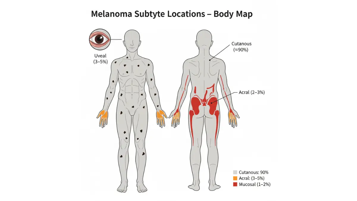 Stage 4 Melanoma subtypes body map showing cutaneous acral uveal and mucosal locations