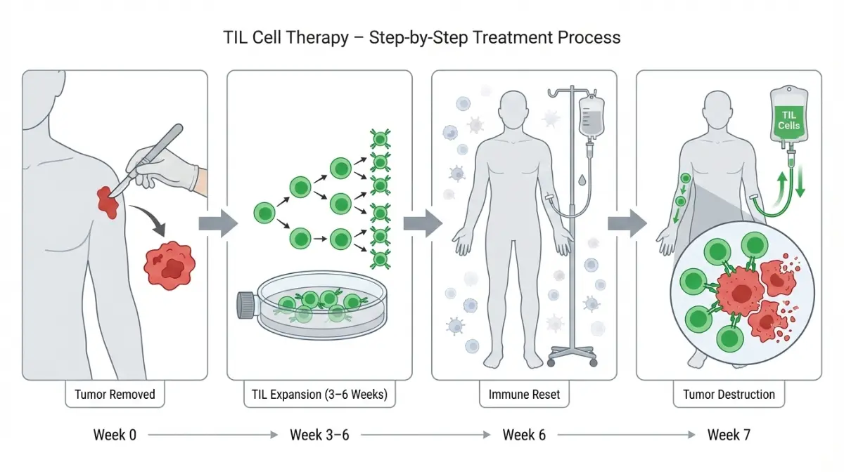Stage 4 Melanoma TIL cell therapy process showing tumor removal cell expansion and infusion
