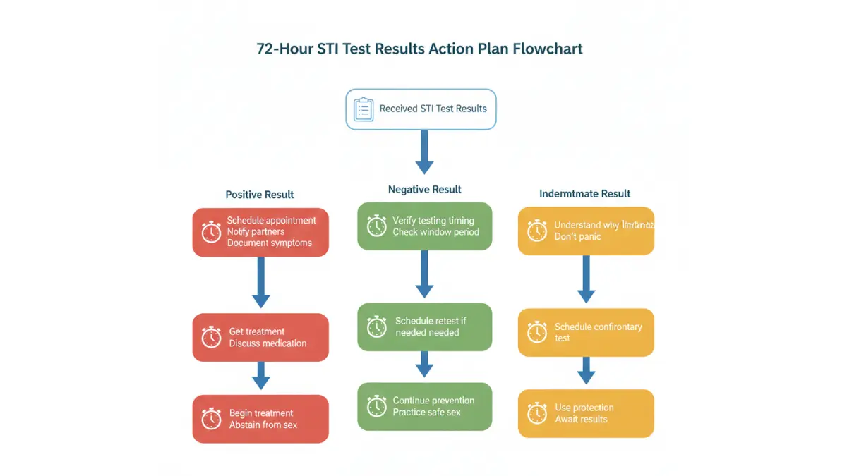 STI Test Results medical flowchart showing a 72 hour action plan for positive negative and indeterminate test outcomes