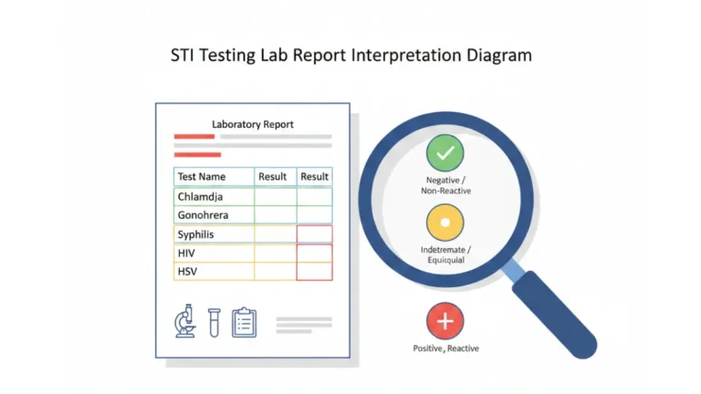 STI Test Results medical vector diagram showing lab report interpretation with color coded positive negative and indeterminate indicators