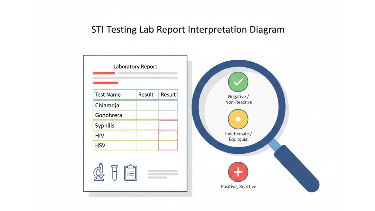 STI Test Results medical vector diagram showing lab report interpretation with color coded positive negative and indeterminate indicators