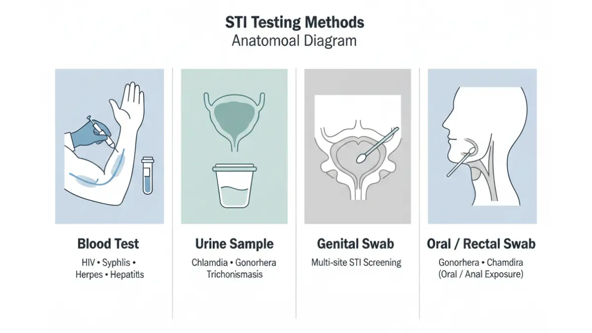 STI Test Results anatomy vector showing blood test urine sample genital swab and oral swab methods used for STI testing