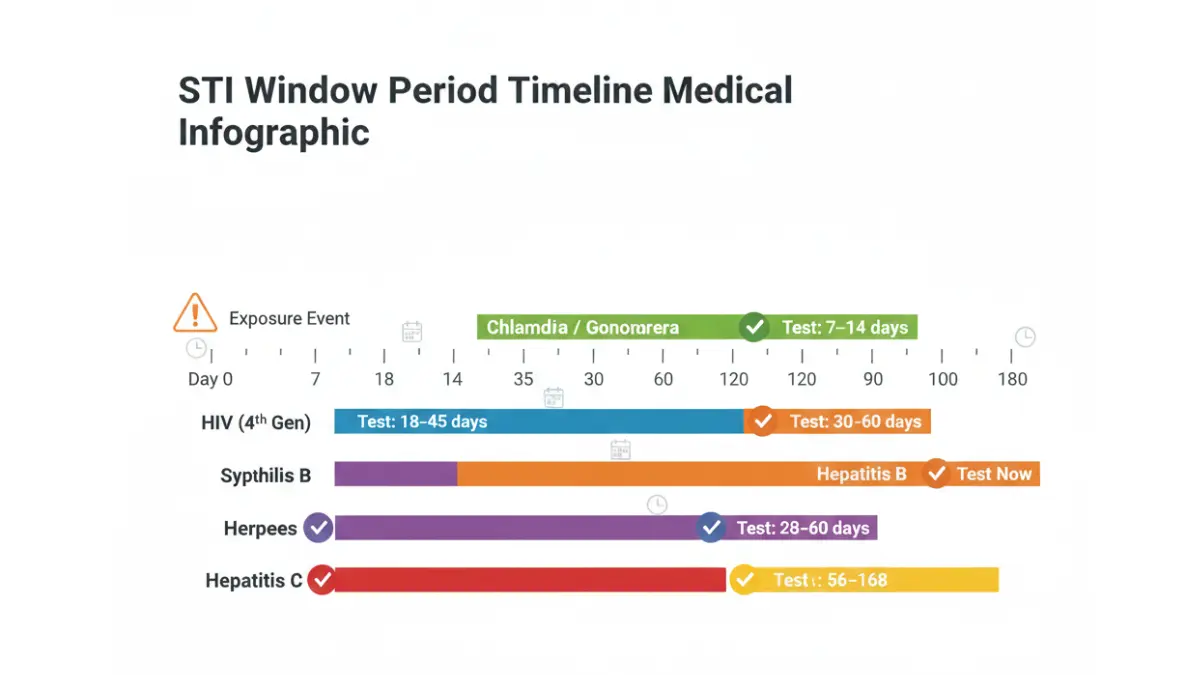 STI Test Results window period timeline infographic showing optimal testing timeframes for common sexually transmitted infections