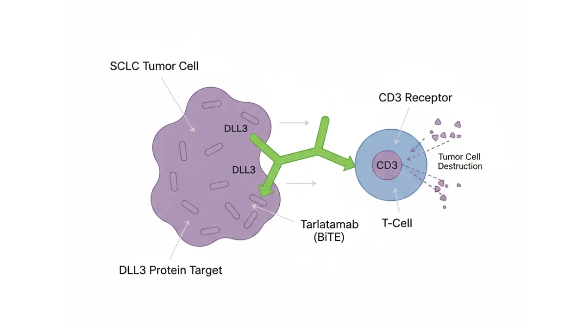 SCLC immunotherapy diagram showing tarlatamab BiTE mechanism targeting tumor cells