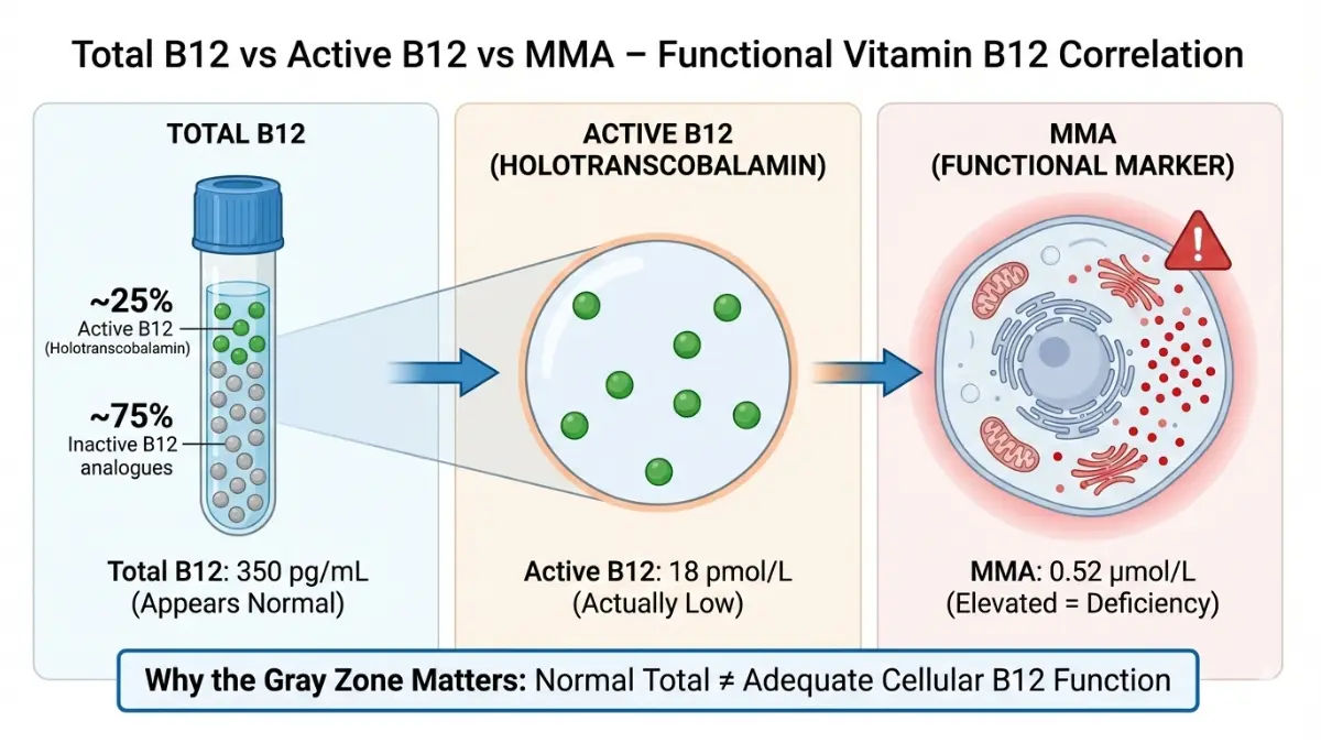 B12 Results comparison diagram showing total B12, active B12 holotranscobalamin, and MMA levels for functional deficiency diagnosis