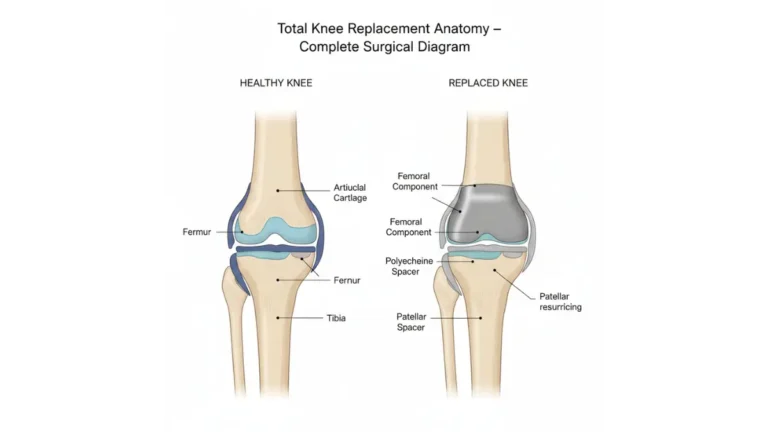 Total Knee Replacement anatomy diagram showing healthy knee versus replaced knee with femoral component, tibial component, and polyethylene spacer