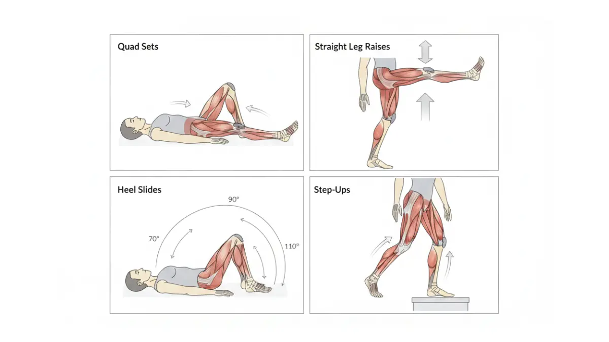 Total Knee Replacement recovery exercise anatomy diagram showing quadriceps activation, range of motion angles, and implant position