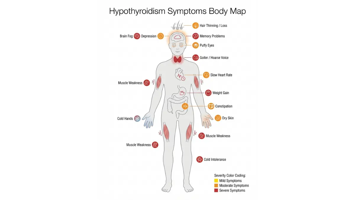 TSH Levels Chart showing hypothyroidism symptoms across the body including brain fatigue thyroid heart metabolism and weight gain