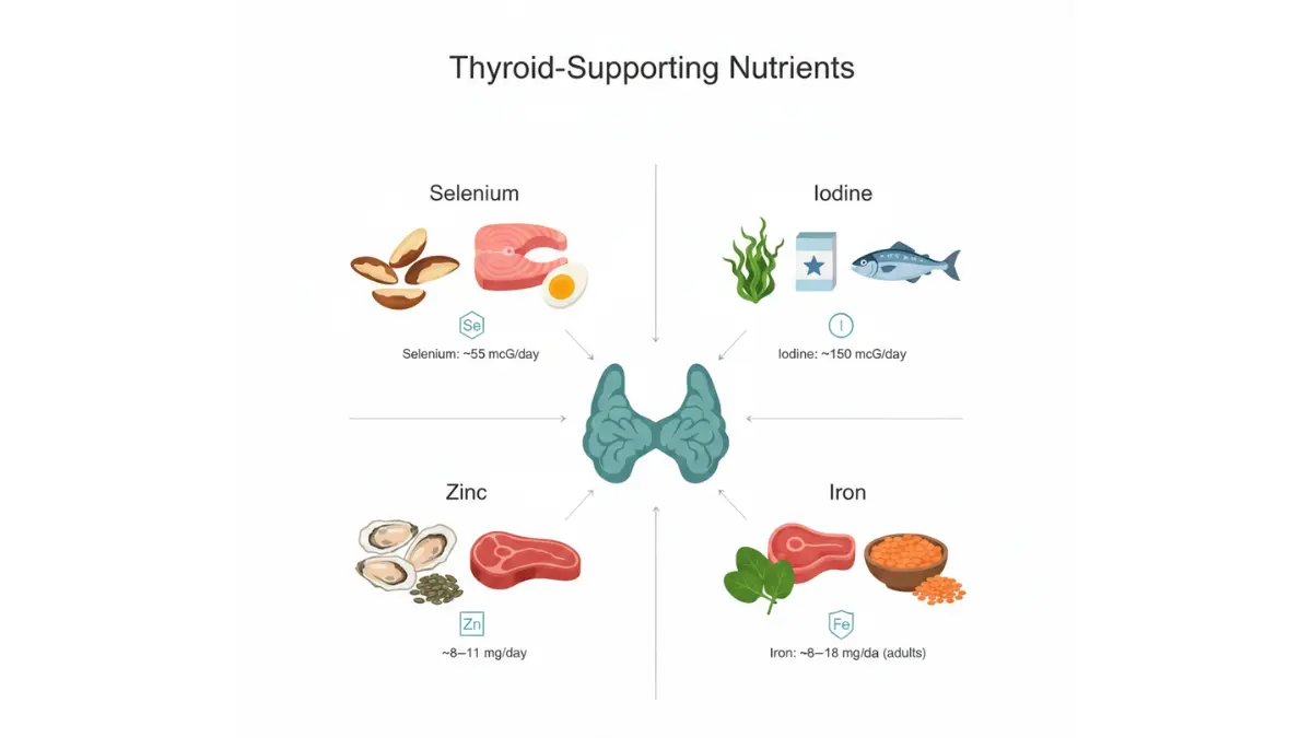 TSH Levels Chart showing thyroid supporting nutrients selenium iodine zinc and iron rich foods for hormone balance