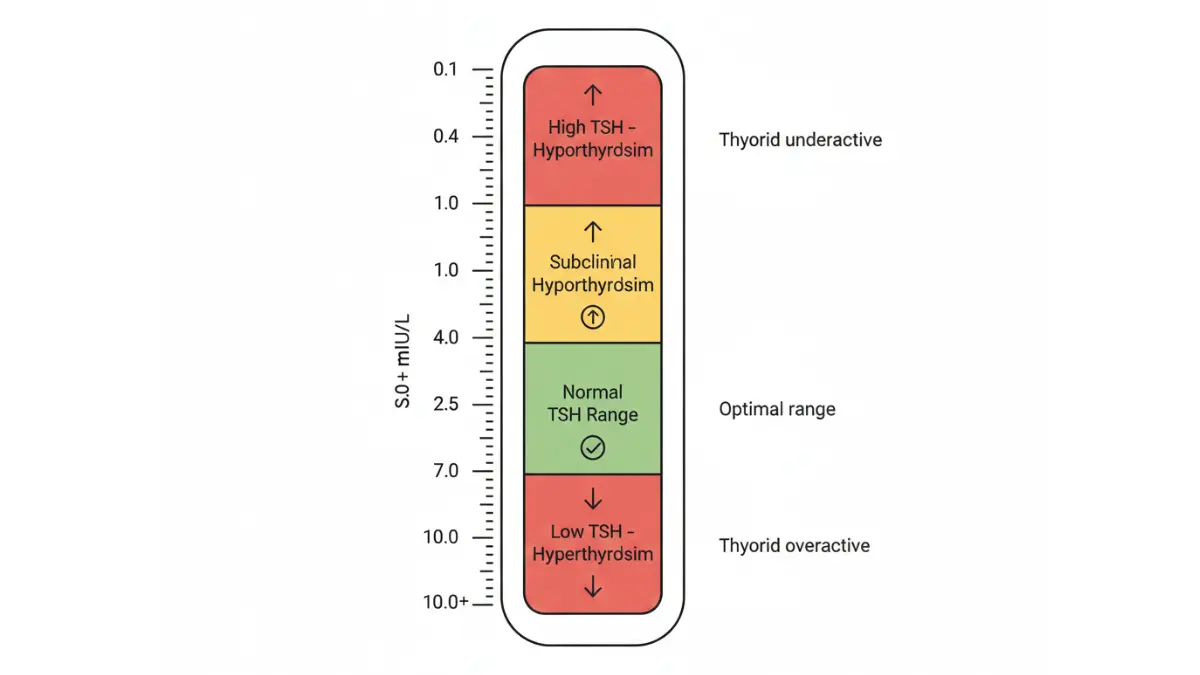 TSH Test levels chart showing normal range 0.4–4.0 mIU/L with high and low thyroid function indicators