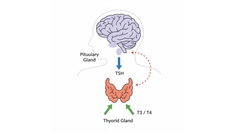 TSH Test medical diagram showing pituitary gland releasing TSH to stimulate thyroid hormone production T3 and T4