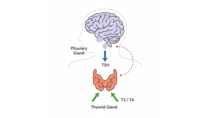 TSH Test medical diagram showing pituitary gland releasing TSH to stimulate thyroid hormone production T3 and T4