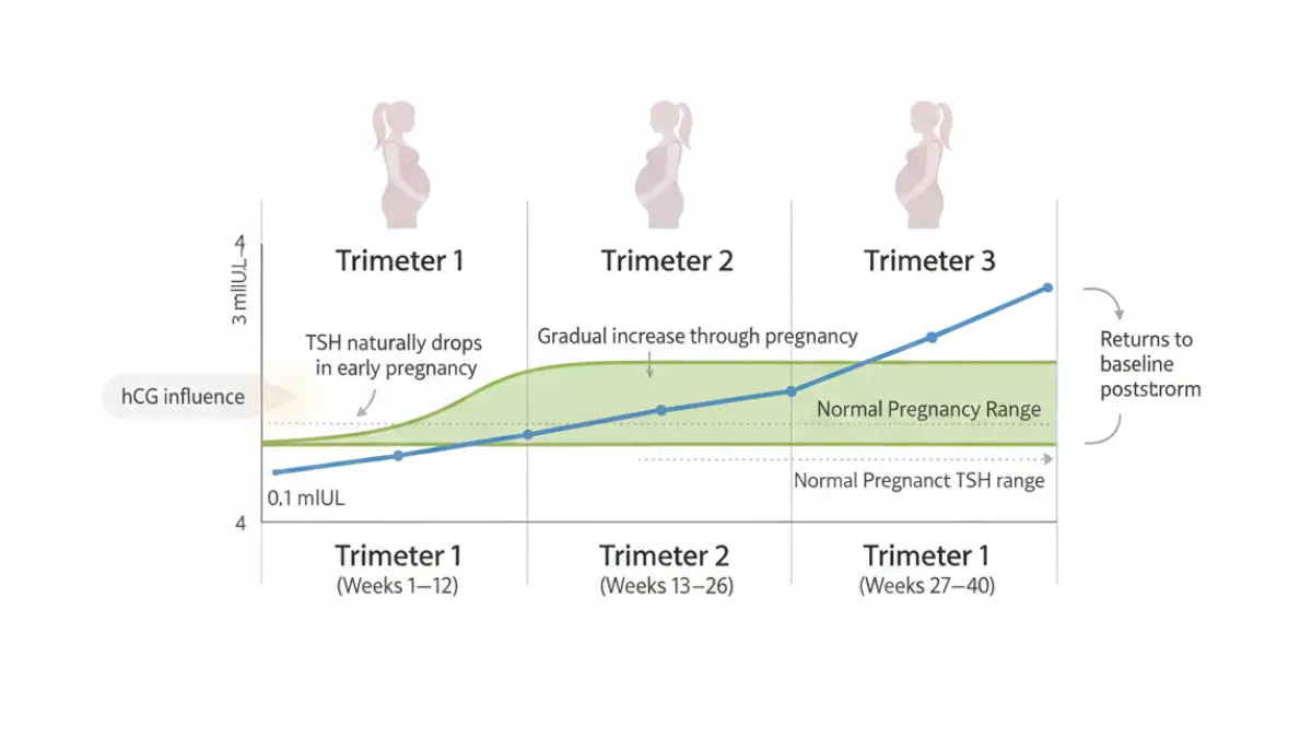 TSH Test levels during pregnancy chart showing normal ranges by trimester from first to third trimester