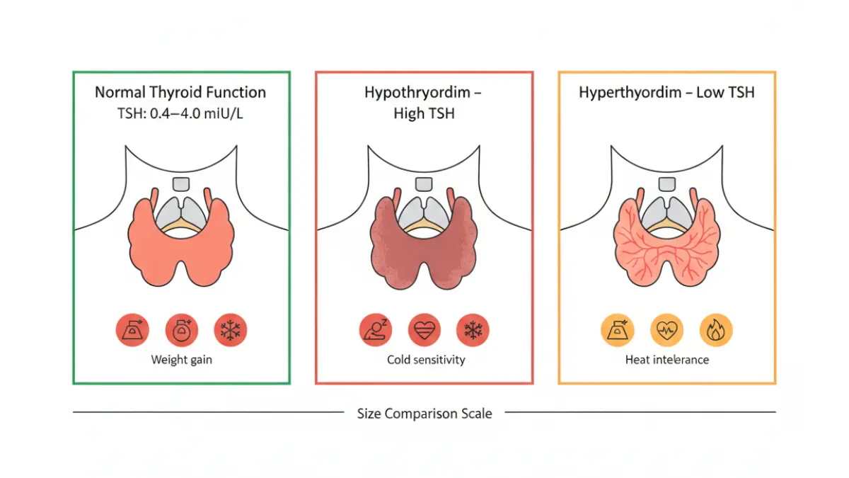 TSH Test anatomical comparison of normal thyroid, hypothyroidism with high TSH, and hyperthyroidism with low TSH
