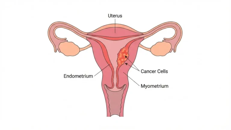 Medical anatomy diagram showing Uterine Cancer location in the female reproductive system with the endometrial lining highlighted