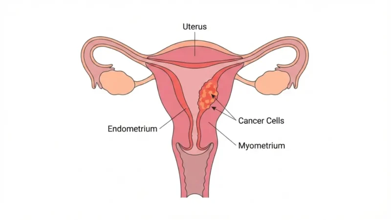 Medical anatomy diagram showing Uterine Cancer location in the female reproductive system with the endometrial lining highlighted