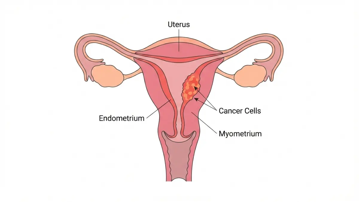 Medical anatomy diagram showing Uterine Cancer location in the female reproductive system with the endometrial lining highlighted