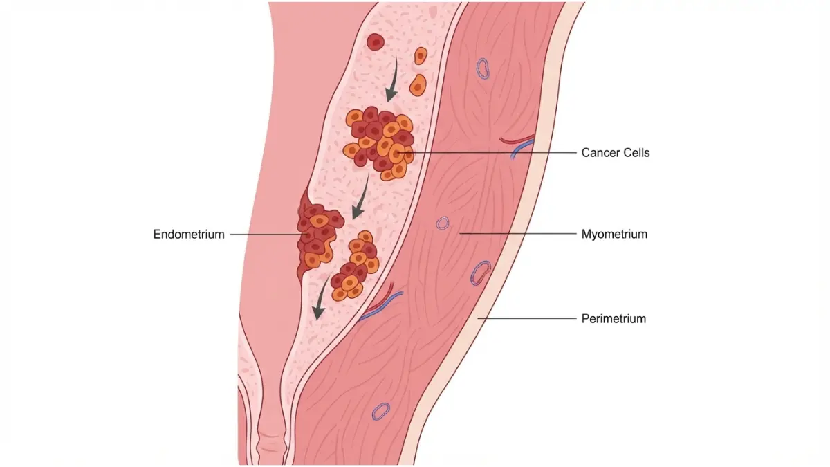 Cross-sectional medical diagram of uterine wall layers showing Uterine Cancer development in the endometrium and progression toward the myometrium