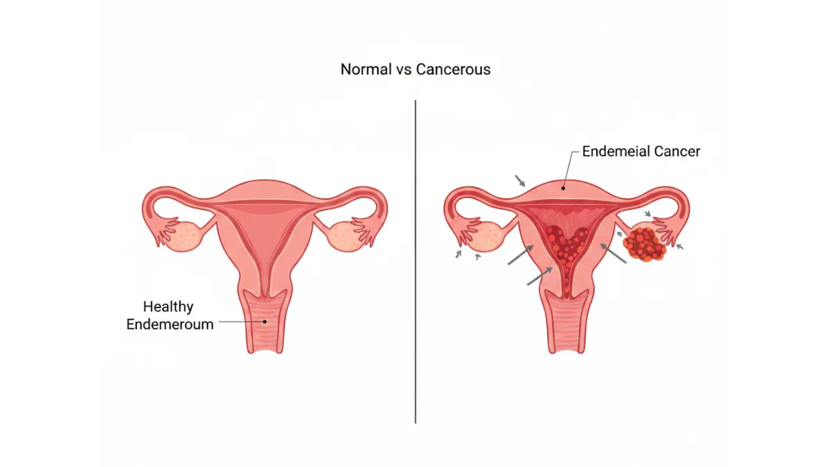 Medical comparison diagram showing healthy uterine lining versus Uterine Cancer with abnormal endometrial thickening and tumor growth
