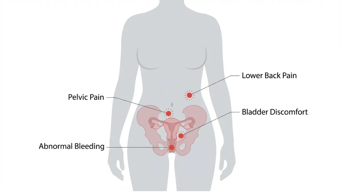 Anatomical diagram showing common Uterine Cancer symptom locations on the female body including pelvic region abdomen bladder and lower back