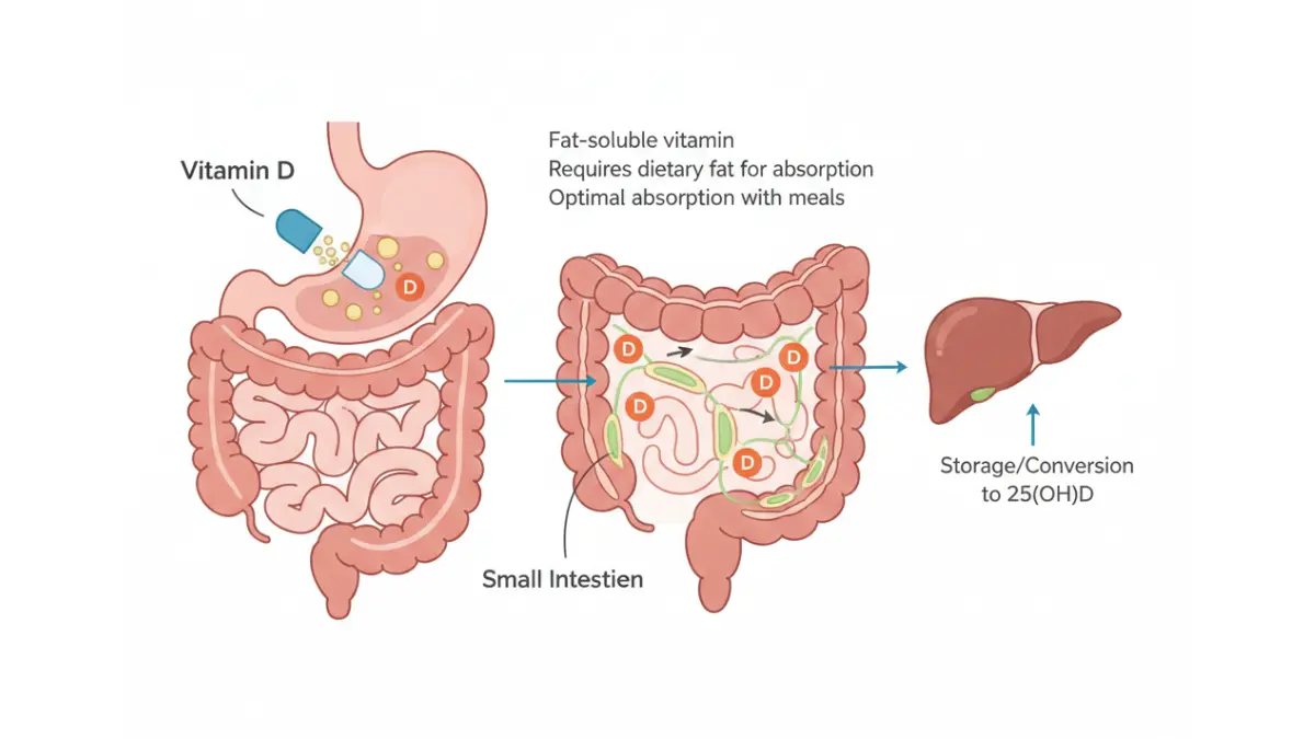 Vitamin D Test medical diagram showing vitamin D absorption in the small intestine with intestinal villi, demonstrating fat-soluble vitamin absorption with dietary fats into the bloodstream