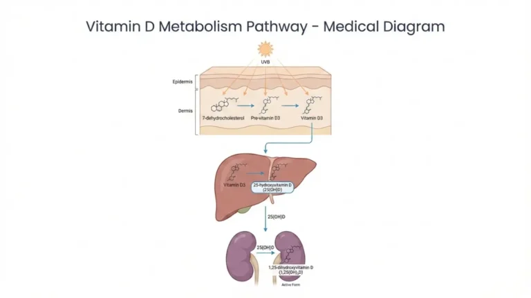 Vitamin D Test medical diagram showing vitamin D synthesis pathway from sun exposure through skin, liver conversion to 25-hydroxyvitamin D, and kidney activation