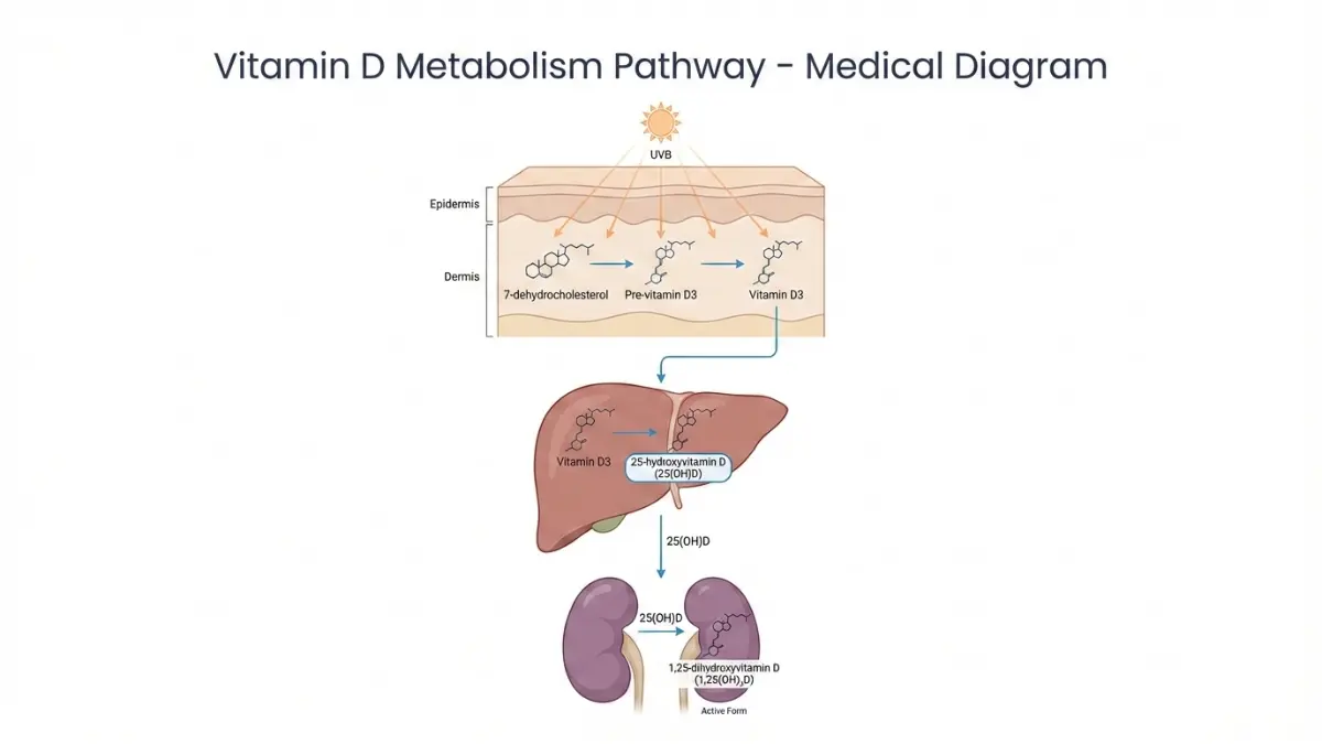 Vitamin D Test medical diagram showing vitamin D synthesis pathway from sun exposure through skin, liver conversion to 25-hydroxyvitamin D, and kidney activation