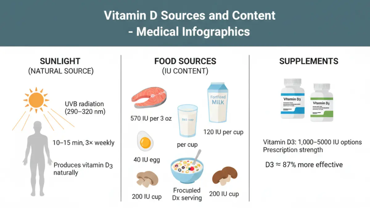 Vitamin D Test sources infographic showing sunlight UVB exposure, food sources with IU content including salmon and fortified milk, and supplement options comparing vitamin D2 and D3